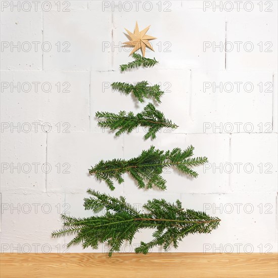 Homemade Christmas decoration made of natural branches nailed horizontally to the wall and a paper star as a top, simple and sus