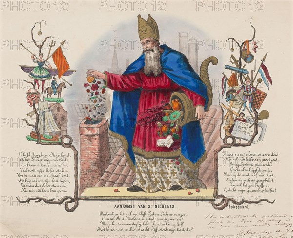 Sinterklaas throws candy into a chimney, Arrival of St. Nicholas (title on object), Sinterklaas stands on a roof and throws candy into a chimney. Under his left arm he has a horn of plenty with a rod sticking out of it. On the left and right two branches with toys in them. The image shows a poem consisting of three stanzas., print maker: anonymous, printer: Charles van Lier, publisher: Charles van Lier, The Hague, 1866, paper, height 370 mm × width 510 mm, print