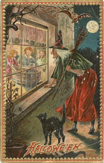 Vintage Archive Halloween Postcard, circa 1910s.    "Hallowe'en" depicting witch wearing in bright costume and carrying a broom peering into kids home, 1912