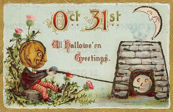 "Oct 31st: All Hallowe'en greetings" circa 1908.  Vintage Archive Halloween Postcard, circa 1900s