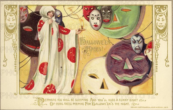 Hallowe'en faces, 1913.  Vintage Archive Halloween Postcard, circa 1910s