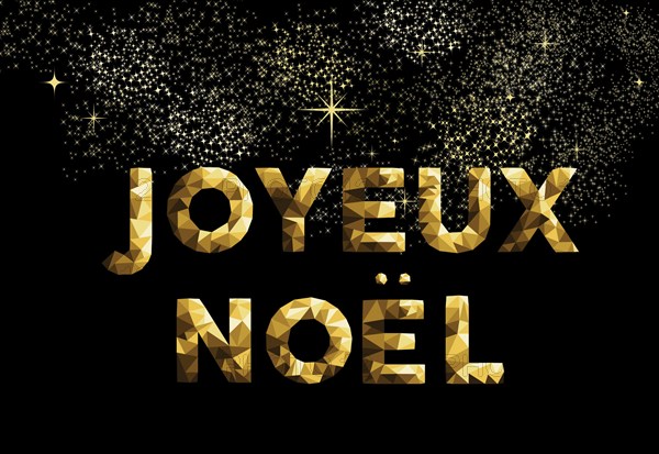 Merry Christmas greeting card in French language: Joyeux Noel gold low poly style. Ideal for holiday poster, web or worldwide