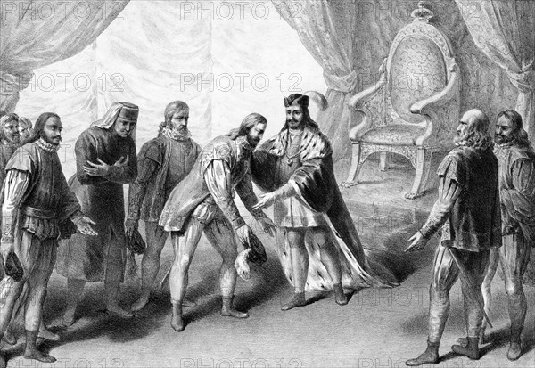 Vasco de Gama. The Portuguese explorer, Vasco da Gama, 1st Count of Vidigueira (c. 1460–1524), being greeted by King Manuel I in 1499  after his return from discovering the first sea route to India.