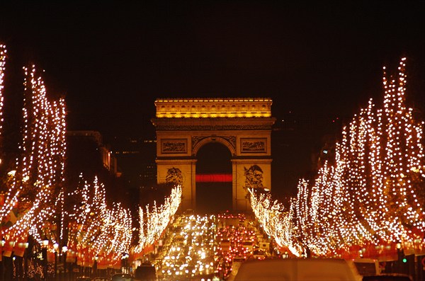 Arc de triumphs, triumphal arch, Christmas lighting, Champs Elysees, Paris, France,