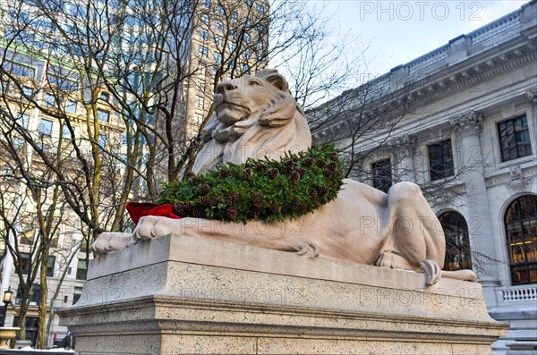 Stone lion at the entrance to the New York Public Library Main Branch in Midtown, Manhattan, New York.