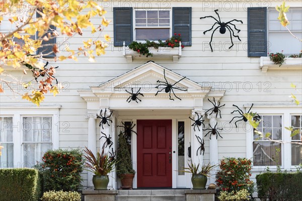 Halloween in front of house decorations