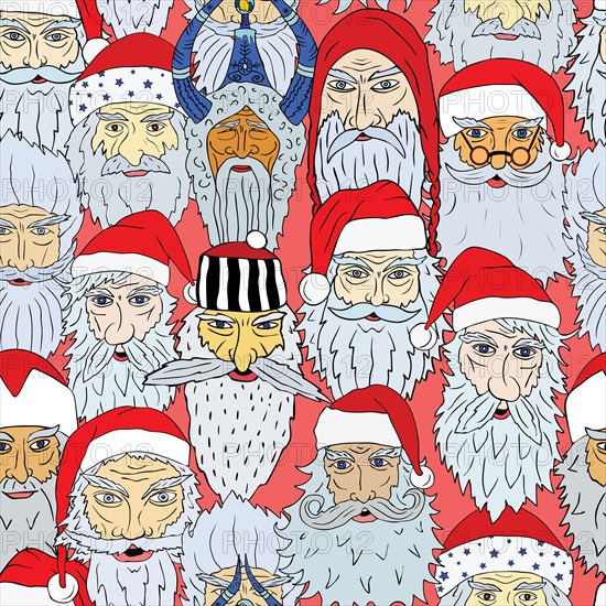 Seamless Christmas pattern of Santa Claus heads from different countries