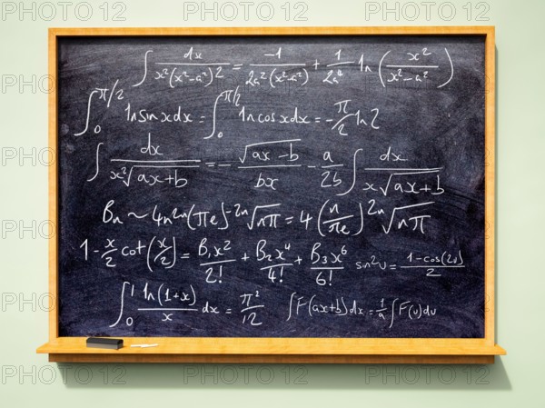 School or University blackboard with advanced mathematical formulas and equations (algebra) written on it