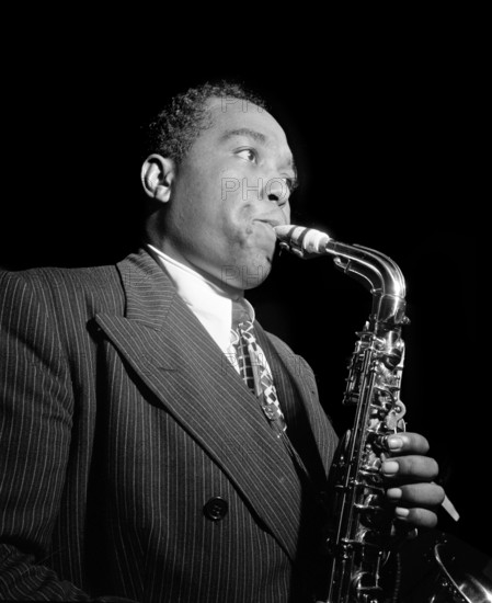 Charlie Parker. Portrait of the American saxophonist Charlie Parker (1920-1955) in the Three Deuces, New York, c.1947.