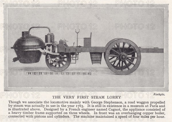 Vintage illustration of a locomotive by Cugnot / road waggon propelled by steam 1763.