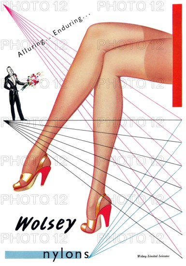 1947 British advertisement for Wolsey nylon stockings.