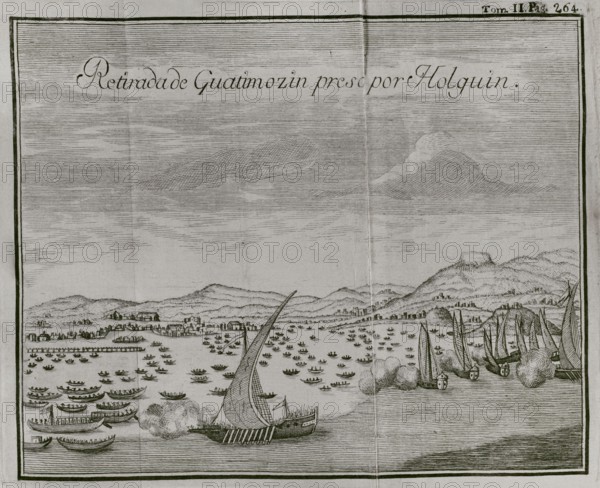 Engraving depicting the capture by the Spaniards of Guatimocín (1496-1525), the last emperor of the Aztecs, as he attempted to flee Tenochtitlán in a canoe on 13 August 1521. He was overtaken by a Spanish brigantine piloted by García Holguín. "Historia de la Conquista de México, población, y progresos de la América septentrional, conocida por el nombre de Nueva España" (History of the Conquest of Mexico, population, and progress of northern America, known by the name of New Spain). Written by Antonio de Solís y Rivadeneryra (1610-1686), Chronicler of the Indies. Volume II. Edition published in