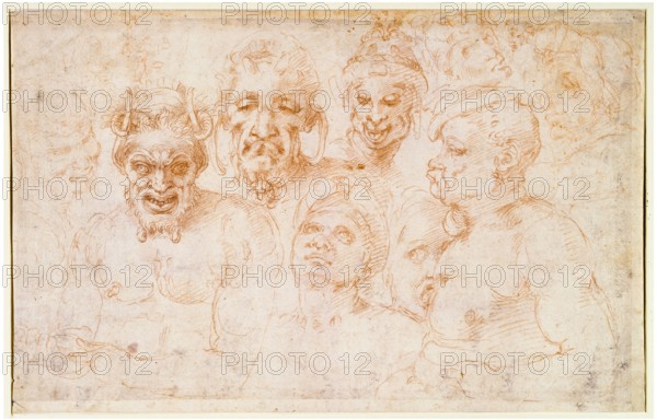 Michelangelo Buonarroti and workshop, Grotesque heads and further studies, drawing in red chalk on ribbed paper, circa 1525