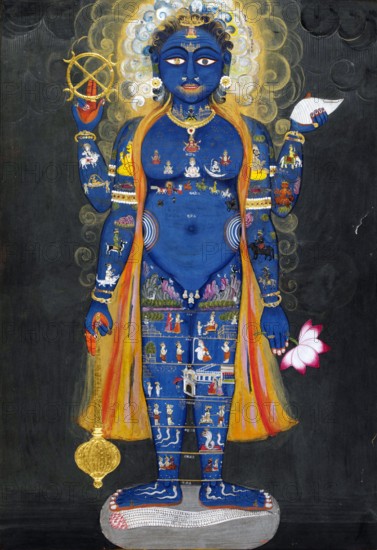 India: Vishnu as Vishvarupa. Watercolour painting, Jaipur, Rajasthan, c. 1800-1820.  Vishnu (Sanskrit ?????? Vi??u) is the Supreme god in the Vaishnavite tradition of Hinduism. Smarta followers of Adi Shankara, among others, venerate Vishnu as one of the five primary forms of God.  Vishnu as the Cosmic Man (Vishvarupa) is portrayed here with four arms, each holding one of his attributes: a conch shell, a lotus flower, a mace and his circular wand, called Sudarshana chakra (meaning 'beautiful disc'). The small figures all over his body refer to his role as the Universal Man who encompasses all.