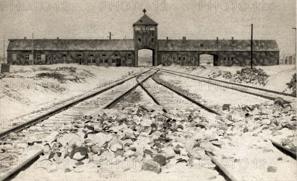 The railway and main entrance to Auschwitz concentration camp taken after its liberation by the Rd Army in 1945.