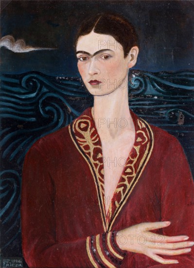 Frida Kahlo. Painting entitled "Self-Portrait in a Velvet Dress" by the Mexican artist, Frida Kahlo de Rivera (1907-1954), 1926