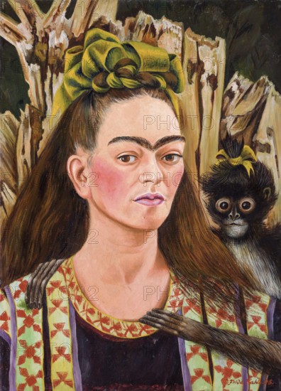 Frida Kahlo. Painting entitled "Self-portrait with Monkey" by the Mexican artist, Frida Kahlo de Rivera (1907-1954), 1945