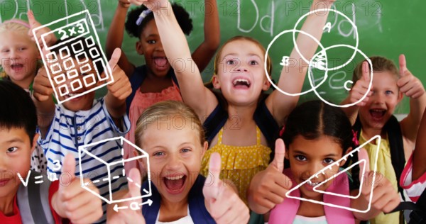 Image of mathematics concept icons against diverse students showing thumbs up at elementary school