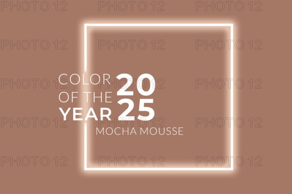 Pantone 2025 Color of the Year Mocha Mousse, a warm nougaty brown tone. The design incorporates a minimalistic frame with soft, rich brown hues