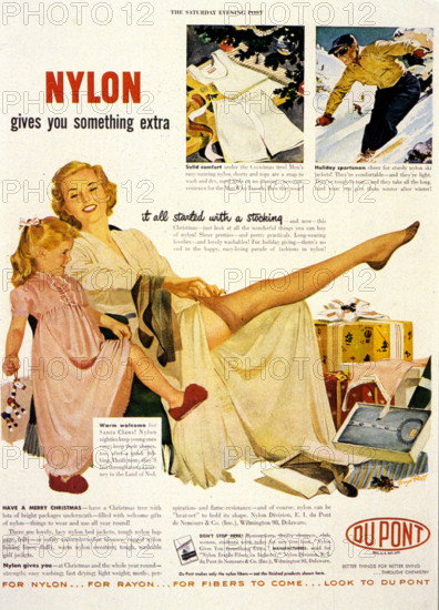 NYLON  1948 Du Pont company advert showing how use of nylon has expanded from stockings to other clothing