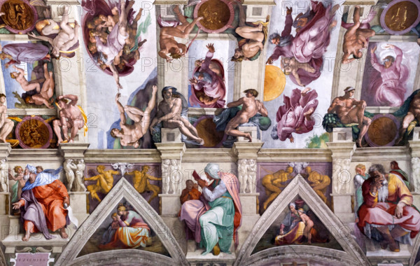 The Sistine Chapel ceiling, painted by Michelangelo with The Creation of Adam