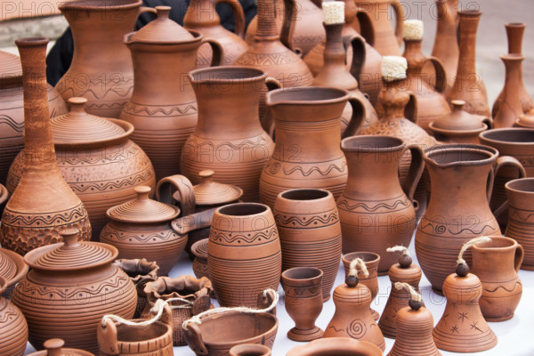 vintage pottery pots with ornament.