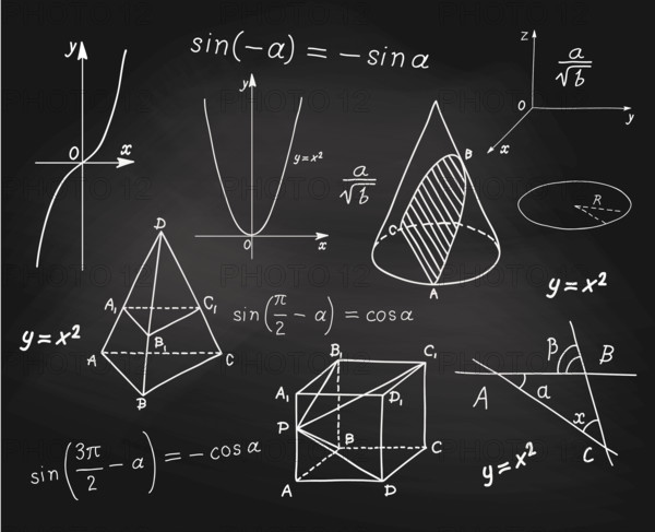 Mathematics - geometric shapes and expressions sketches on school board