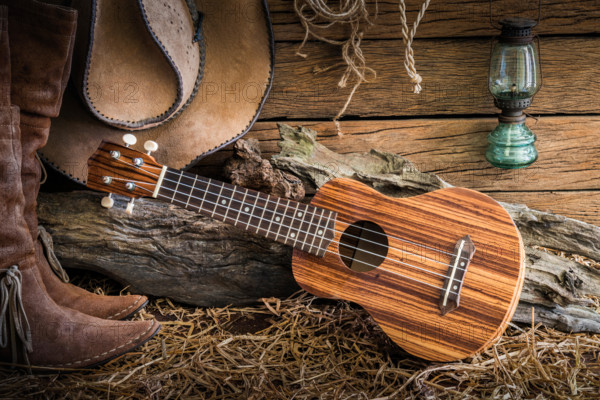 Still life painting photography with ukulele on american west rodeo brown felt cowboy hat and traditional leather boots in vintage ranch barn backgrou