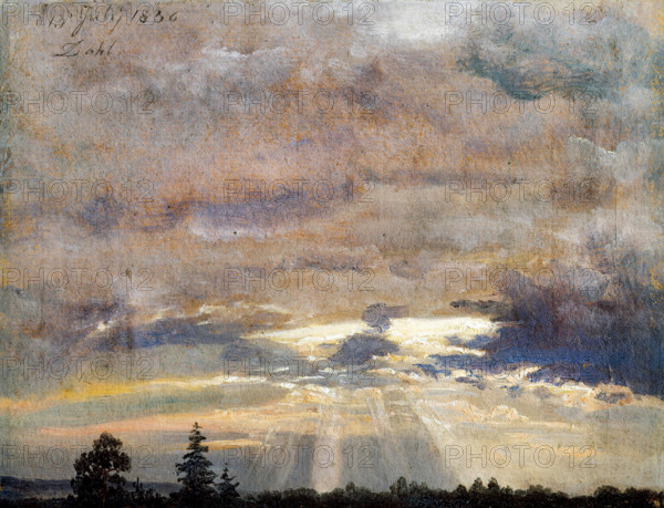 Johan Christian Dahl - Cloud Study with Sunbeams 1836 Oil on paper. National Gallery of Norway, Oslo, Norway.