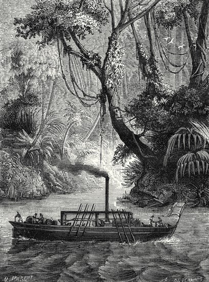 Le premier bateau à vapeur américain. Expérience faite en 1789 par John Fitch, près de Philadelpie, sur la Delaware