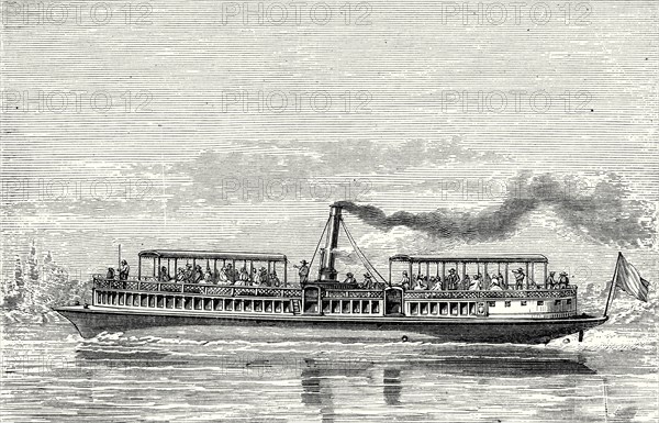 Steamboat intended to serve as a ferry service on the Seine, during the exposition, 1867 (propeller model)