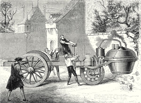 The first steam car tested by the inventor Cugnot, at Arsenal in Paris in 1770