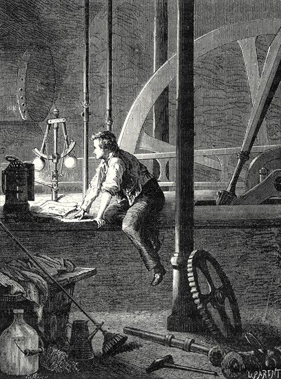 George Stephenson disassembles and repairs his steam engine in Newcastle