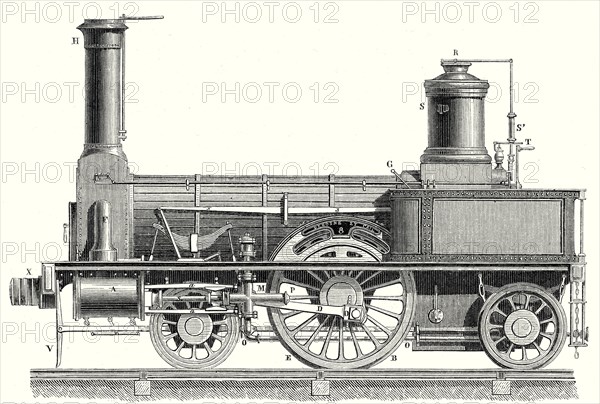 Sideview of a locomotive showing the mechanism of the engine