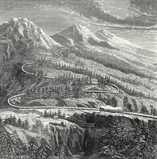 Chemin de fer à rail central, établi en 1866, sur le Mont-Cenis