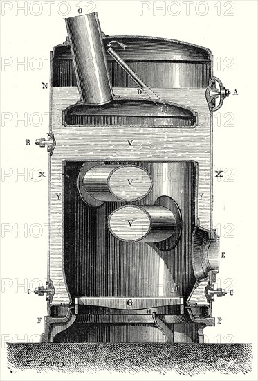 Cross section of the hearth and the crossed boiler reboiler of M. Hermann-Lachapelle's industrial traction engine