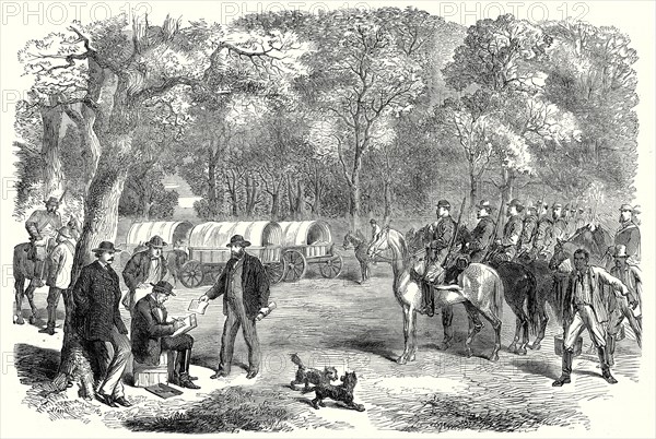 End of the American Civil War; The Last Days Of The Confederate Government, Mr. Jefferson Davis Signing Acts Of Government By The Roadside, 22 July, 1865