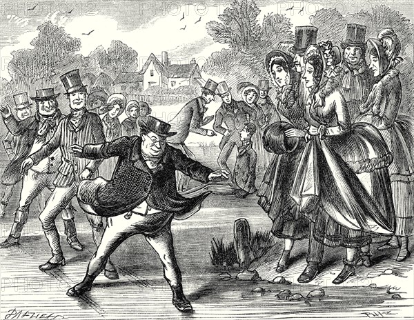 Pickwick Papers, "Mr. Pickwick went slowly and gravely down the slide, with his feet about a yard and a quarter apart, amidst the gratified shouts of all the spectators."