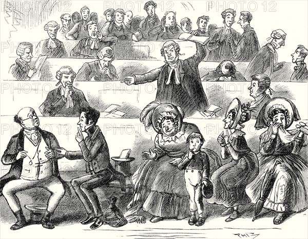 Pickwick Papers, "An admonitory gesture from Perker restrained him, and he listened to the learned gentleman's continuation with a look of indignation"