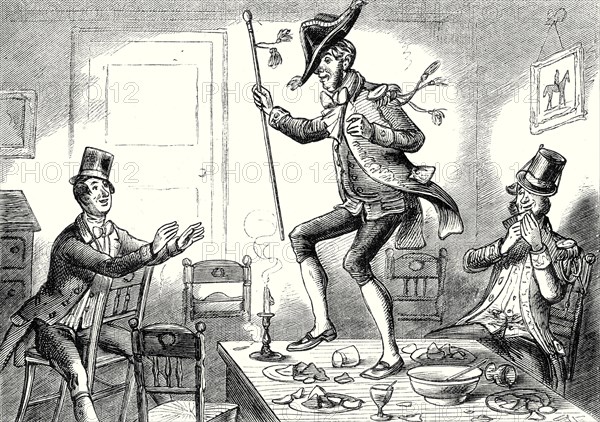 Pickwick Papers, "Mr. Tuckle, dressed out with the cocked-hat and stick, danced the frog hornpipe among the shells on the table"