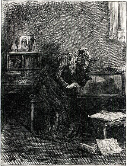 " IT WAS REPEATED  OFTEN, IN THE SHADOWY SOLITUDE; AND BROKEN MURMURS OF THE STRAIN STILL TREMBLED ON THE KEYS, WHEN THE SWEET VOICE WAS HUSHED IN TEARS."