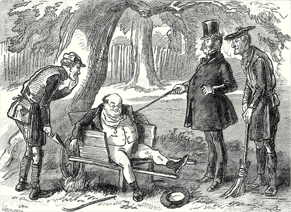 Pickwick Papers, "Who are you, you rascal?" said the captain, administering several pokes to Mr. Pickwick's body with the thick stick. "What's your name?"