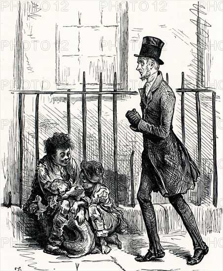 Charles Dickens, Sketches by Boz, HURRYING ALONG A BY-STREET, KEEPING AS CLOSE AS HE CAN TO THE AREA RAILINGS, A MAN OF ABOUT FORTY OR FIFTY, CLAD IN AN OLD RUSTY SUIT OF THREADBARE BLACK CLOTH