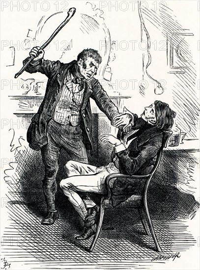 Charles Dickens, Sketches by Boz,  LEAVE THAT 'ERE BELL ALONE, YOU WRETCHED LOO-NATTIC ! SAID THE BOOTS, SUDDENLY FORCING THE UNFORTUNATE TROTT BACK INTO HIS CHAIR. AND BRANDISHING THE STICK ALOFT.