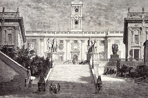 Rome Italy 1875, FACADE OF THE SENATORIAL PALACE ON THE CAPITOL;  MUSEUM, PALACE OF THE CONSERVATORS;  THE DIOSCURI