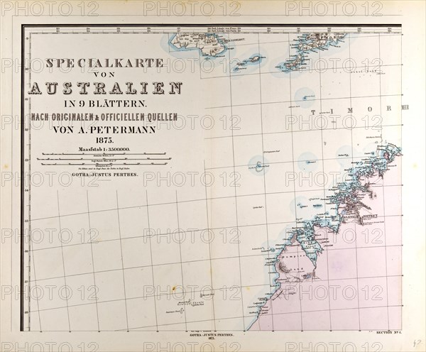 Australia Map Gotha, Justus Perthes, 1872, Atlas. Perthes, Johan Georg Justus 1749 Ã¢â‚¬â€ú 1816, German publisher, was born in Rudolstadt in 1749. In 1785 he founded at Gotha the business which bears his name, Justus Perthes. In this he was joined in 1814 by his son Wilhelm, 1793 Ã¢â‚¬â€ú 1853. He laid the foundation of the Geographical Branch of the business, for which it is chiefly famous, by publishing the and-Atlas (1817-1823) of Adolf Stieler (1775-1836). Wilhelm Perthes engaged the collaboration of the most eminent German geographers of the time, including Heinrich  Berghaus, Christian Gottlieb Reichard, Karl Spruler and Emil von Sydow. The business passed to his son Bernard Wilhelm Perthes (1821-1857). In 1863 the firm first issued the Almanach de Gotha, a statistical, Historical and genealogical Annual (in French) of the various countries of the world.