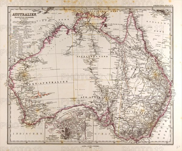 Australia Map Gotha, Justus Perthes, 1872, Atlas. Perthes, Johan Georg Justus 1749 Ã¢â‚¬â€ú 1816, German publisher, was born in Rudolstadt in 1749. In 1785 he founded at Gotha the business which bears his name, Justus Perthes. In this he was joined in 1814 by his son Wilhelm, 1793 Ã¢â‚¬â€ú 1853. He laid the foundation of the Geographical Branch of the business, for which it is chiefly famous, by publishing the and-Atlas (1817-1823) of Adolf Stieler (1775-1836). Wilhelm Perthes engaged the collaboration of the most eminent German geographers of the time, including Heinrich  Berghaus, Christian Gottlieb Reichard, Karl Spruler and Emil von Sydow. The business passed to his son Bernard Wilhelm Perthes (1821-1857). In 1863 the firm first issued the Almanach de Gotha, a statistical, Historical and genealogical Annual (in French) of the various countries of the world.