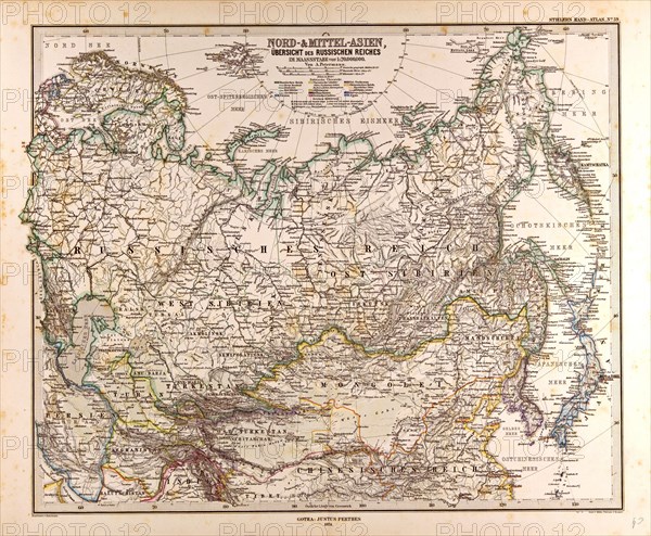 Russia Map  Gotha, Justus Perthes, 1874, Atlas. Perthes, Johan Georg Justus 1749 Ã¢â‚¬â€ú 1816, German publisher, was born in Rudolstadt in 1749. In 1785 he founded at Gotha the business which bears his name, Justus Perthes. In this he was joined in 1814 by his son Wilhelm, 1793 Ã¢â‚¬â€ú 1853. He laid the foundation of the Geographical Branch of the business, for which it is chiefly famous, by publishing the and-Atlas (1817-1823) of Adolf Stieler (1775-1836). Wilhelm Perthes engaged the collaboration of the most eminent German geographers of the time, including Heinrich  Berghaus, Christian Gottlieb Reichard, Karl Spruler and Emil von Sydow. The business passed to his son Bernard Wilhelm Perthes (1821-1857). In 1863 the firm first issued the Almanach de Gotha, a statistical, Historical and genealogical Annual (in French) of the various countries of the world.