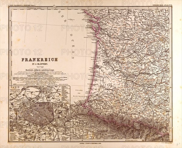 France map 1874 Gotha, Justus Perthes, 1872, Atlas. Perthes, Johan Georg Justus 1749 Ã¢â‚¬â€ú 1816, German publisher, was born in Rudolstadt in 1749. In 1785 he founded at Gotha the business which bears his name, Justus Perthes. In this he was joined in 1814 by his son Wilhelm, 1793 Ã¢â‚¬â€ú 1853. He laid the foundation of the Geographical Branch of the business, for which it is chiefly famous, by publishing the and-Atlas (1817-1823) of Adolf Stieler (1775-1836). Wilhelm Perthes engaged the collaboration of the most eminent German geographers of the time, including Heinrich  Berghaus, Christian Gottlieb Reichard, Karl Spruler and Emil von Sydow. The business passed to his son Bernard Wilhelm Perthes (1821-1857). In 1863 the firm first issued the Almanach de Gotha, a statistical, Historical and genealogical Annual (in French) of the various countries of the world.