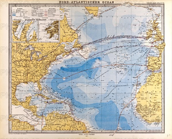 North Atlantic Ocean Map Gotha, Justus Perthes, 1872, Atlas. Perthes, Johan Georg Justus 1749 Ã¢â‚¬â€ú 1816, German publisher, was born in Rudolstadt in 1749. In 1785 he founded at Gotha the business which bears his name, Justus Perthes. In this he was joined in 1814 by his son Wilhelm, 1793 Ã¢â‚¬â€ú 1853. He laid the foundation of the Geographical Branch of the business, for which it is chiefly famous, by publishing the and-Atlas (1817-1823) of Adolf Stieler (1775-1836). Wilhelm Perthes engaged the collaboration of the most eminent German geographers of the time, including Heinrich  Berghaus, Christian Gottlieb Reichard, Karl Spruler and Emil von Sydow. The business passed to his son Bernard Wilhelm Perthes (1821-1857). In 1863 the firm first issued the Almanach de Gotha, a statistical, Historical and genealogical Annual (in French) of the various countries of the world.